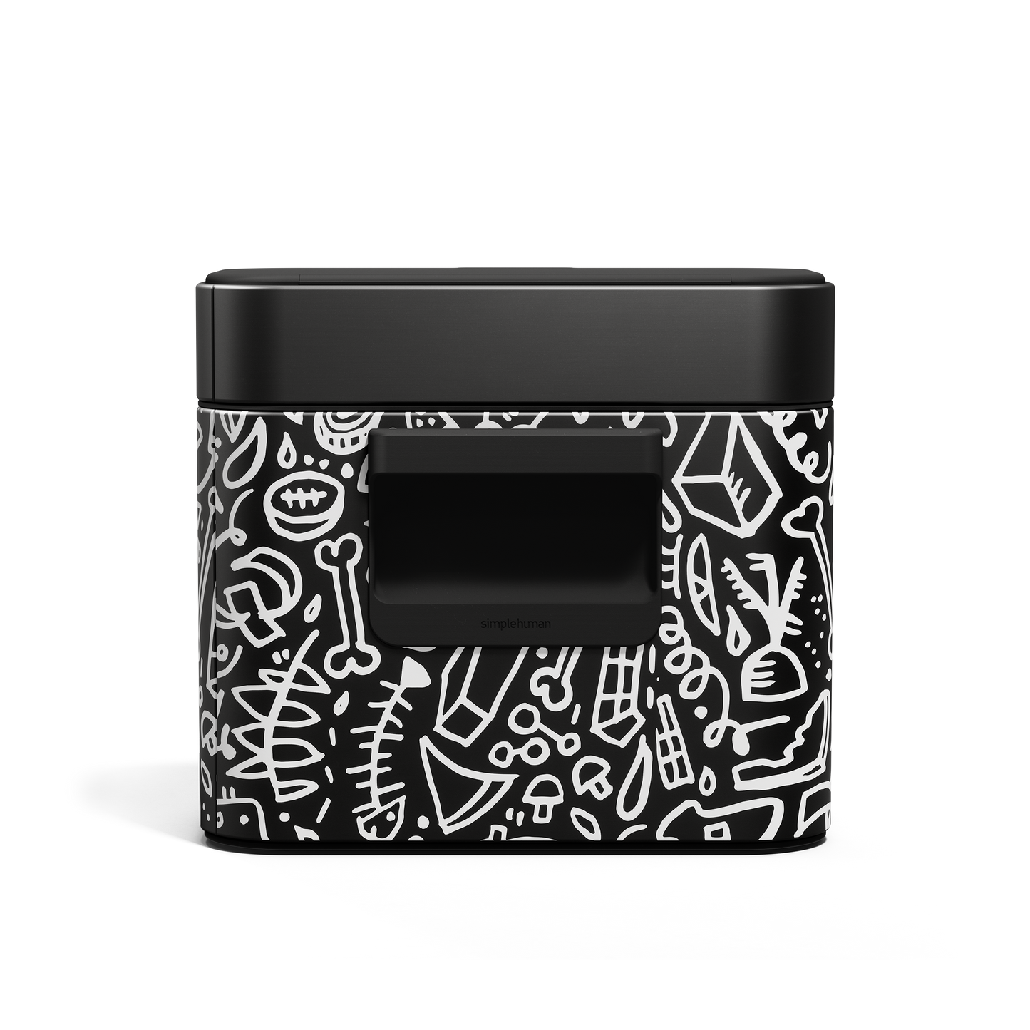 Simplehuman Matte Black Compost Caddy with white doodle pattern. Front view showing magnetic latch handle.