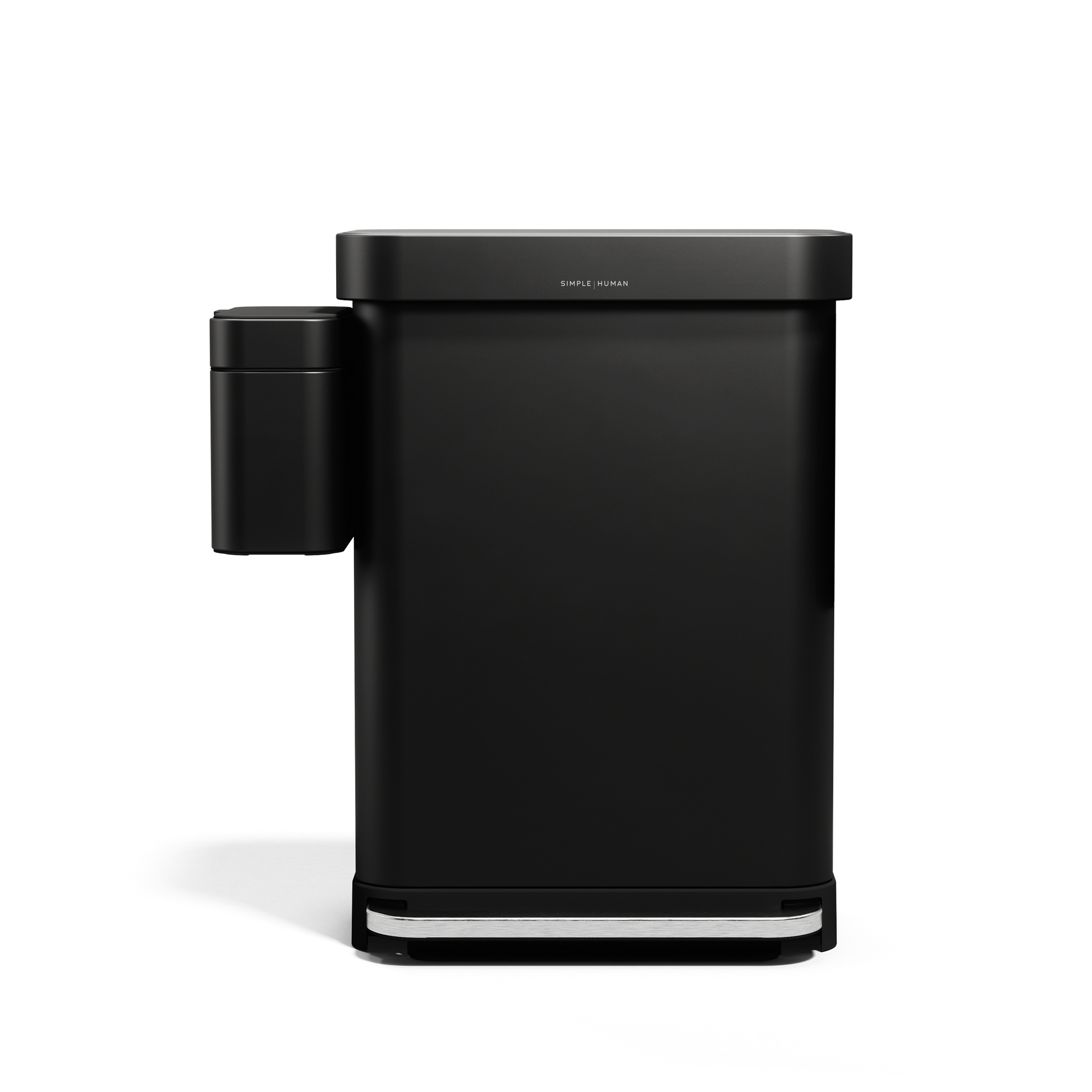 Simplehuman Matte Black Step Can with magnetically attached Compost Caddy, full front view.