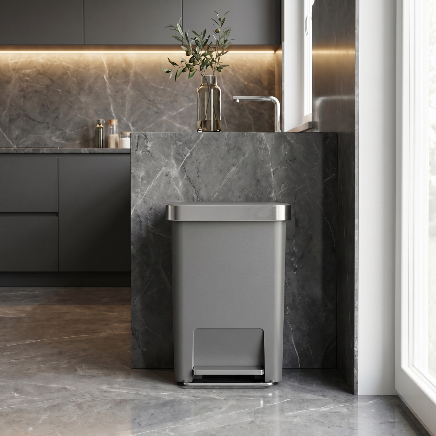 Simplehuman's 45L Hybrid Can in a modern, futuristic bathroom setting.