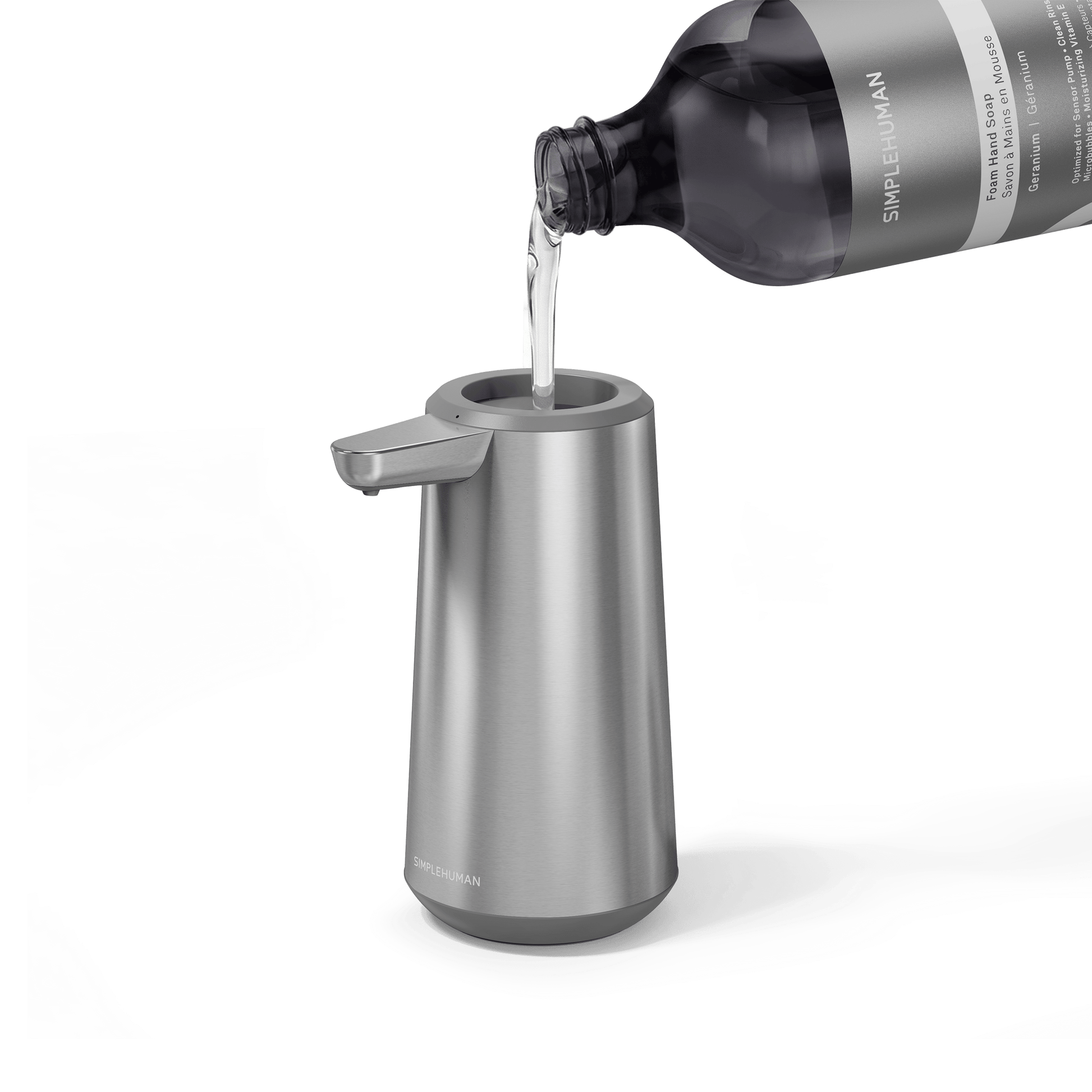 Simplehuman's Refill Bottle filling a Simplehuman Sensor Pump Foam.